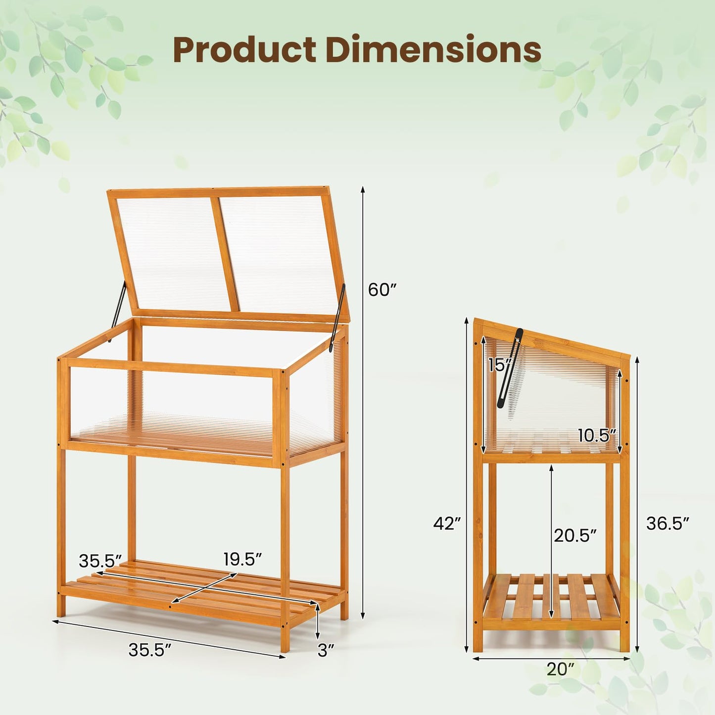 Giantex Wood Cold Frame Greenhouse, Raised Flower Planter Protection with Transparent Openable Roof & Slatted Shelf, Indoor Outdoor Hot House for Garden Balcony, 36”x20”x42”