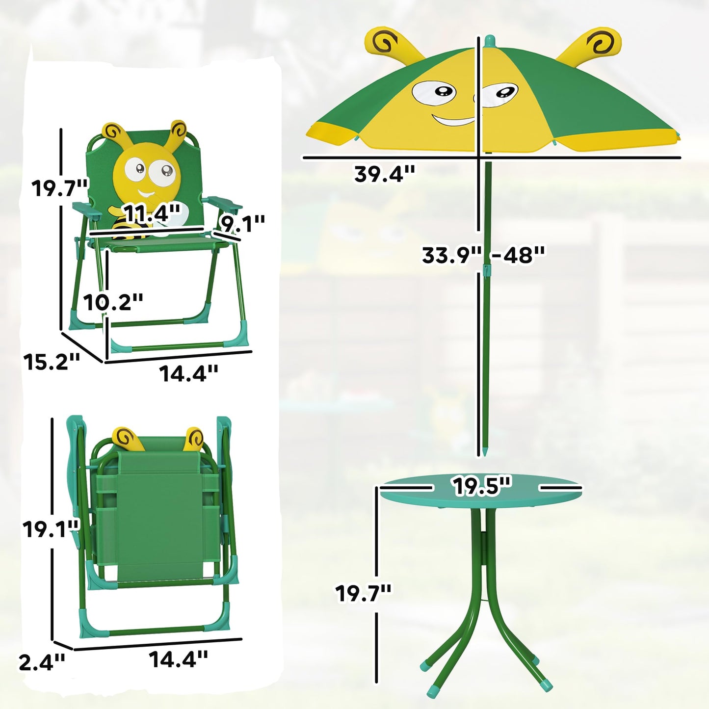 Qaba Kids Picnic Table and Chair Set, Outdoor Activity Table with Foldable Chairs, Removable Umbrella, Bee Pattern Toddler Patio Furniture for Backyard, Garden, Green