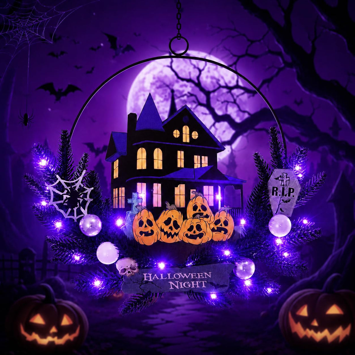 Amadecohome Halloween Wreath with Lights, 15.7 Inch, 6H On/18H Off Timer