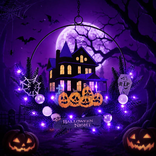 Amadecohome Halloween Wreath with Lights, 15.7 Inch, 6H On/18H Off Timer