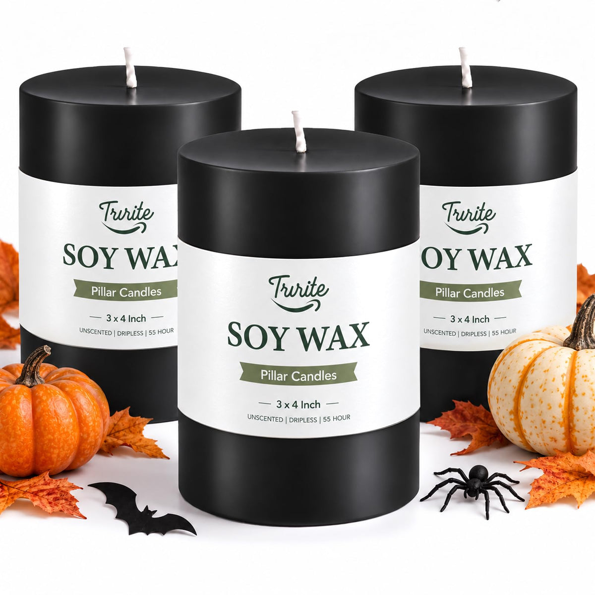 Black Soy Pillar Candles for Halloween, 3x4 Inch Unscented Candles, 3 Pack