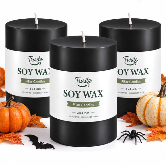Black Soy Pillar Candles for Halloween, 3x4 Inch Unscented Candles, 3 Pack