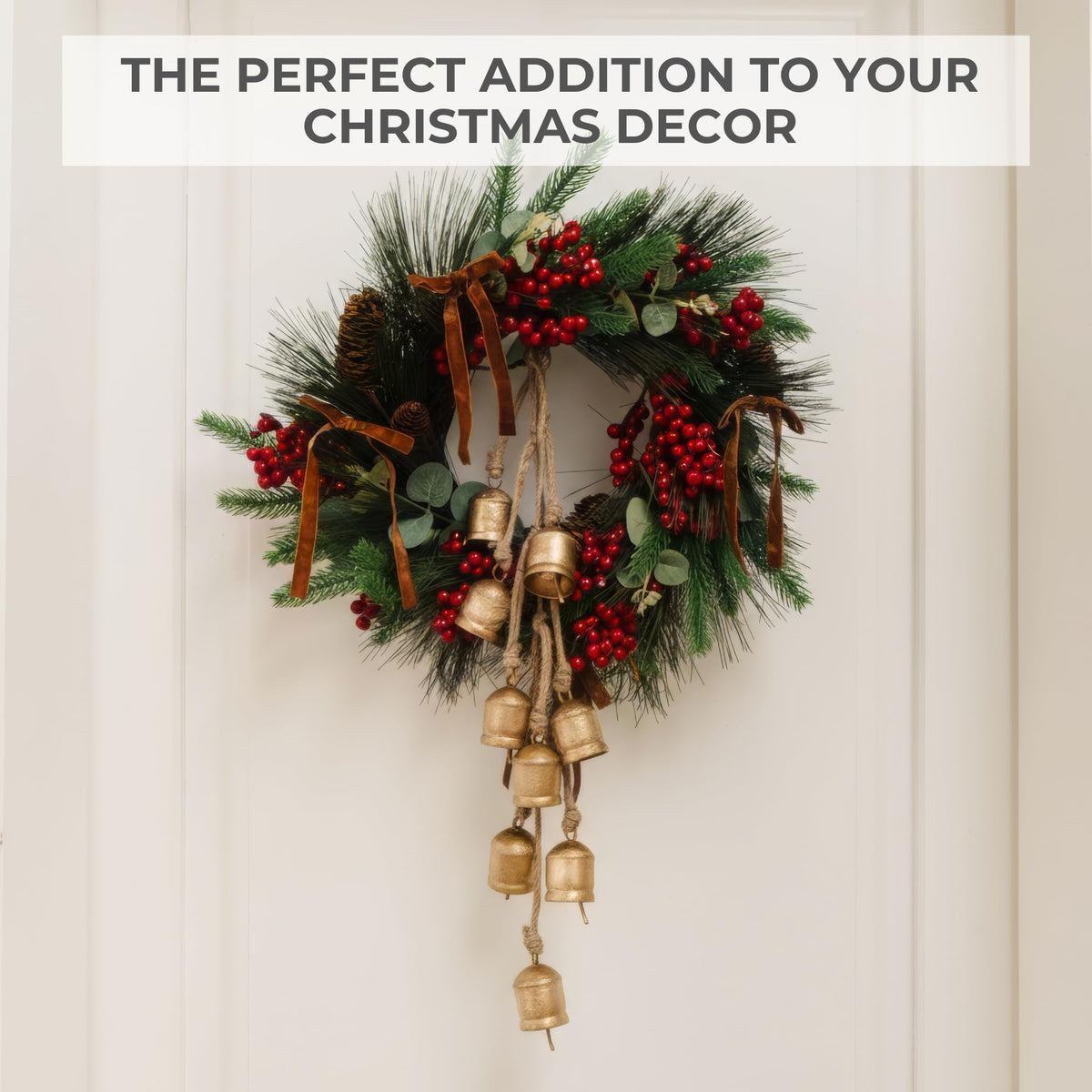 Rustic Golden Christmas Bell Ornaments & Velvet Bows - Set of 10