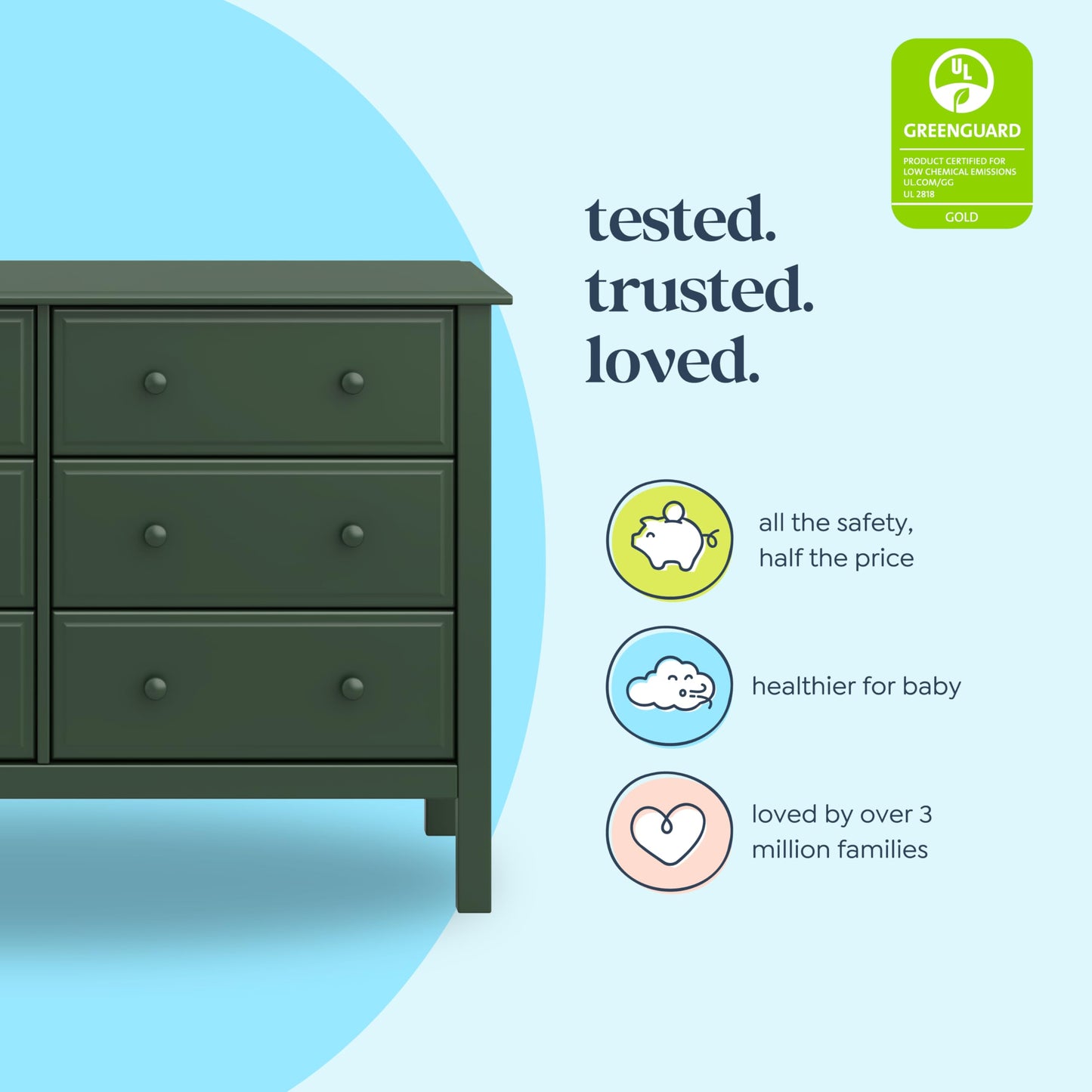 Jayden 6-Drawer Double Wide Dresser with 9+ inch Drawer Extension in Forest Green, Greenguard Gold Certified
