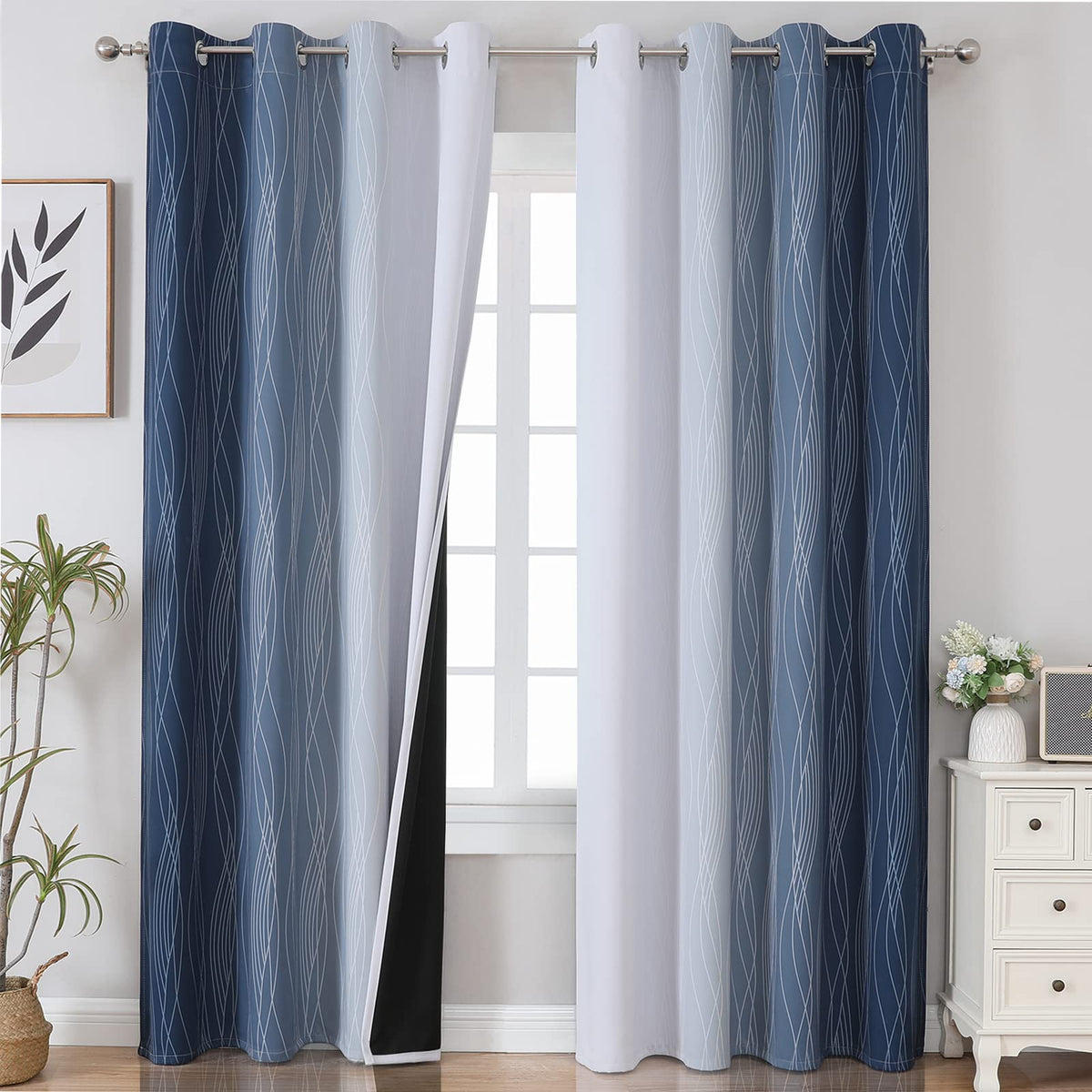 Navy Blue and Greyish White Blackout Curtains for Living Room 84 Inch Long