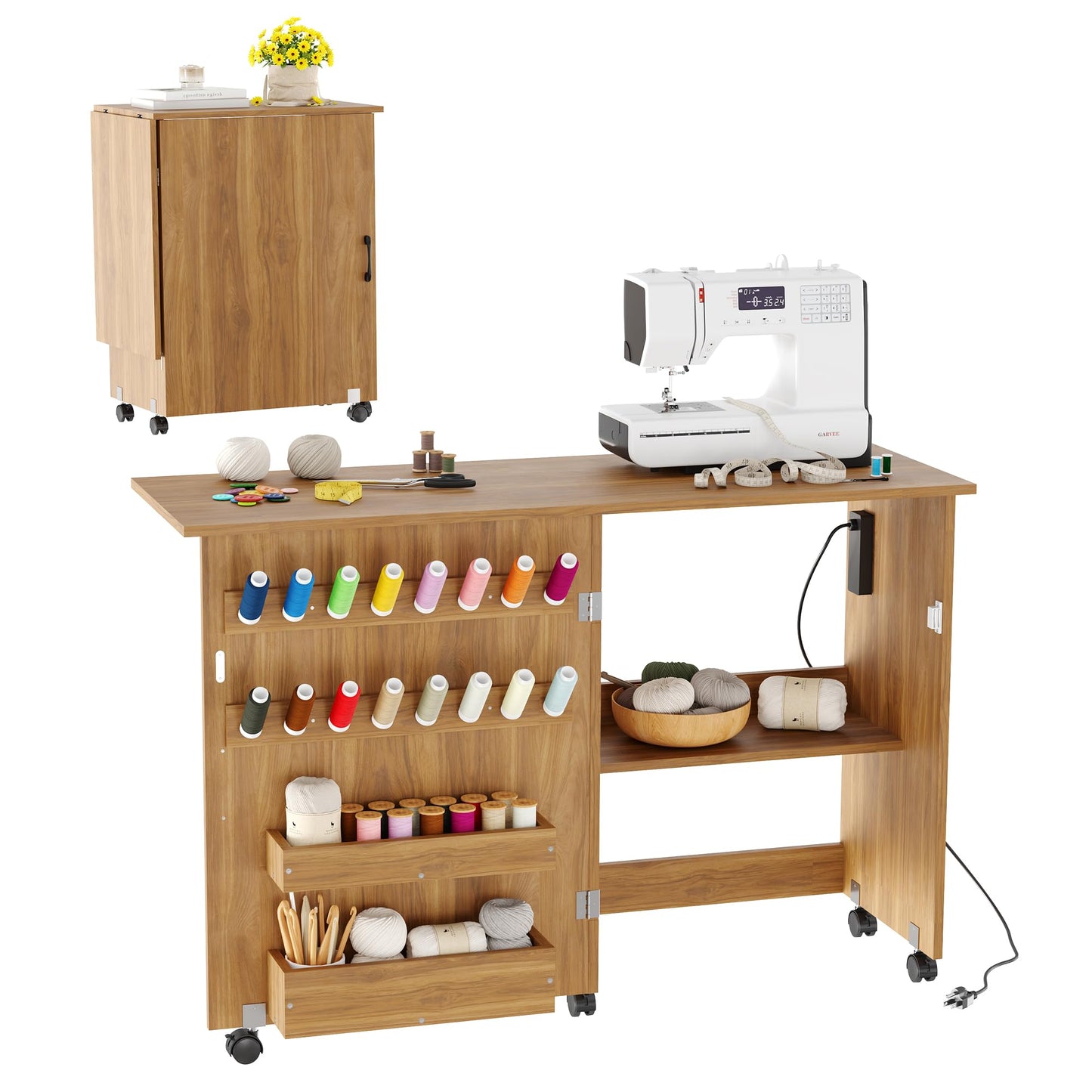 Folding Sewing Machine Table with Charging Station, Rolling Craft Table with Lockable Wheels, Storage Trays & Shelf, Pegs, Magnetic Locks, Foldable Sewing Machine Cabinet Desk for Small Spaces, Brown
