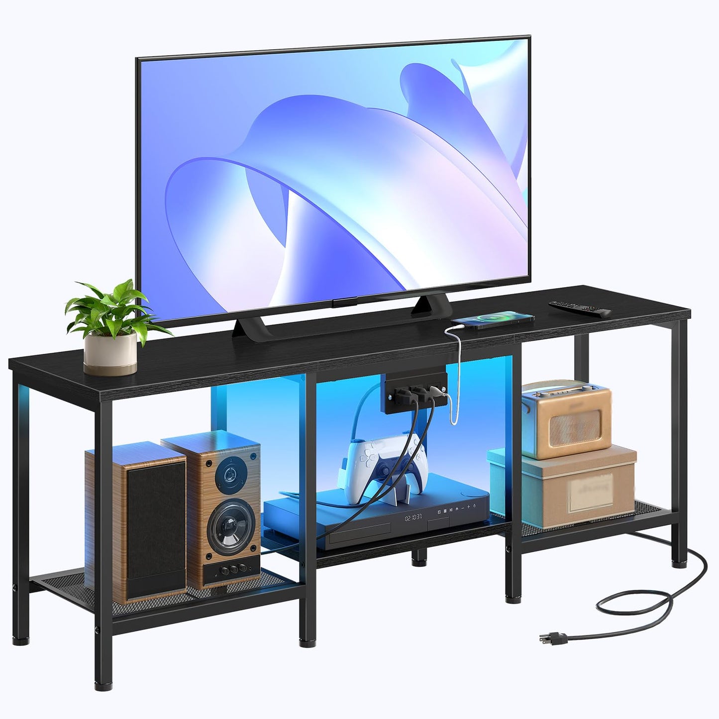 HOOBRO TV Stand with Charging Station to 55 Inches, LED Entertainment Center, Media TV Console Table with Open Storage Shelving for Living Room, Bedroom, Black BB122UDDS01