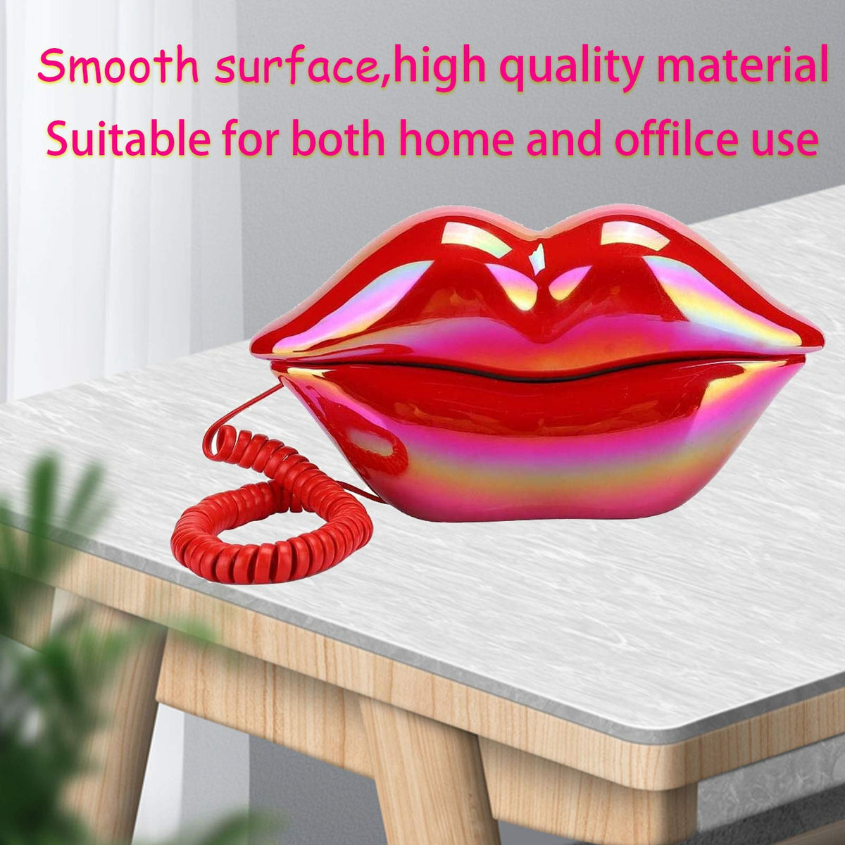 CHENJIEUS Lip Telephone, Advanced Home Telephone, Interesting Mouth Lip-Shaped Telephone, Electroplating Wire Phone Home Decoration, for Families House Phone (Electroplating red)