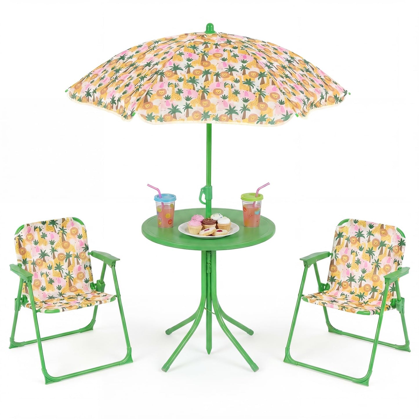 Costzon Kids Picnic Table, Kids Outdoor Table with 2 Folding Chairs, Height Adjustable Umbrella, Portable Children Outdoor Furniture for Patio, Garden, Backyard (Green Forest)