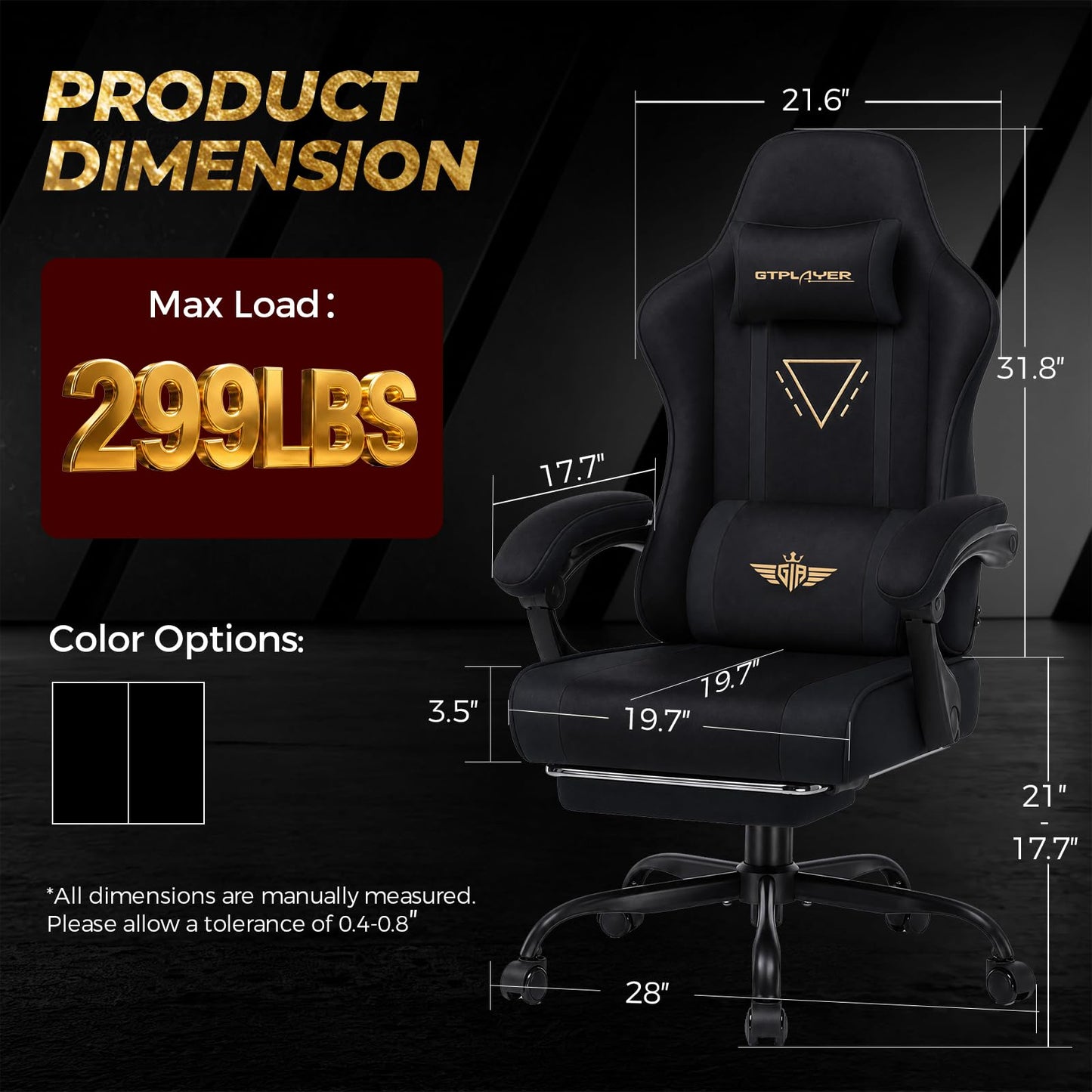 GTPLAYER Video Gaming Chair Fabric, Ergonomic Computer Chair with Footrest and Pocket Spring Cushion, Height Adjustable Video Gamer Chair with Lumbar Support for Adults, Black