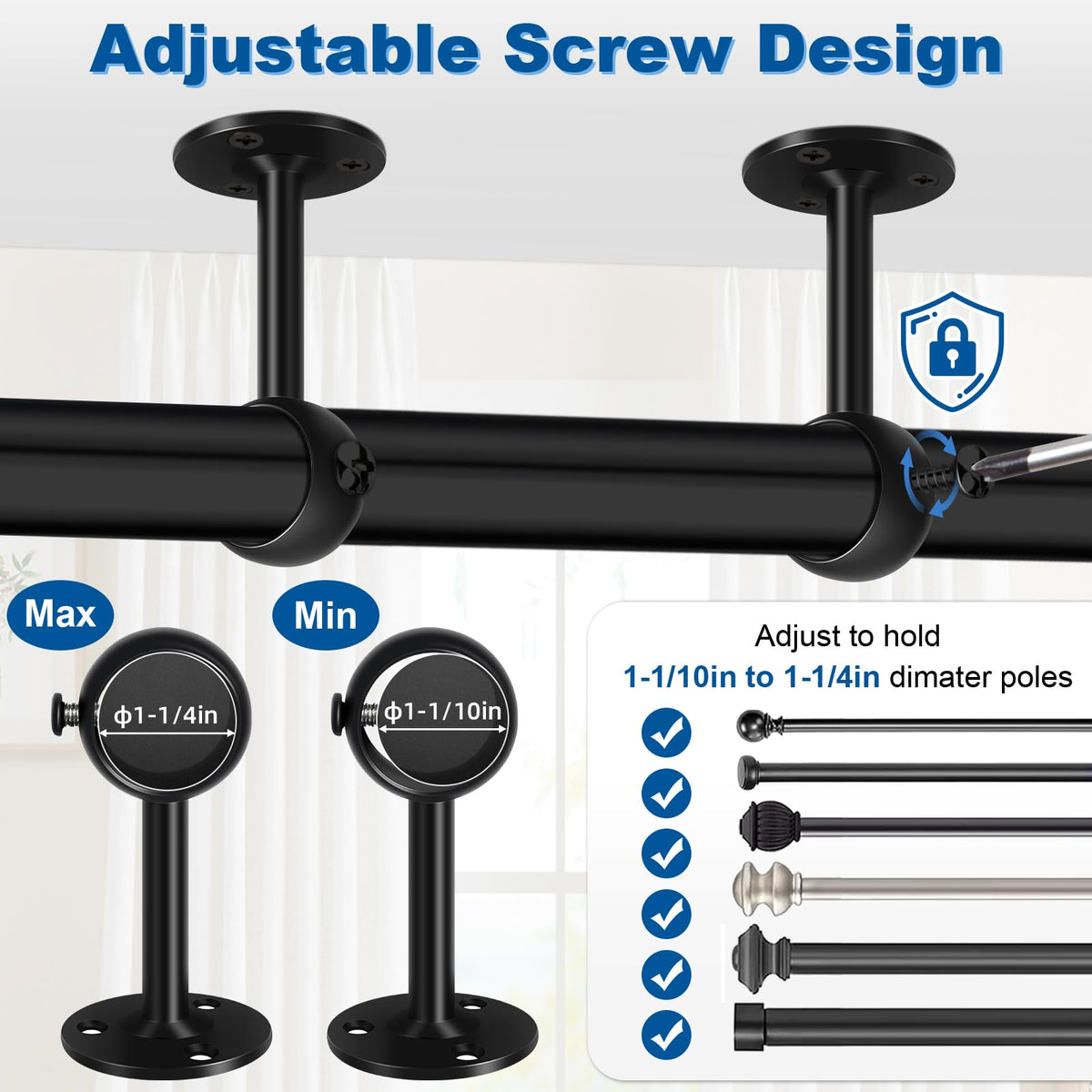 TOKPLNU Curtain Rod Brackets, Ceiling Heavy Duty Holders, Black 4 Pack Hooks Hangers for 1 1/4-Inch Drape Poles