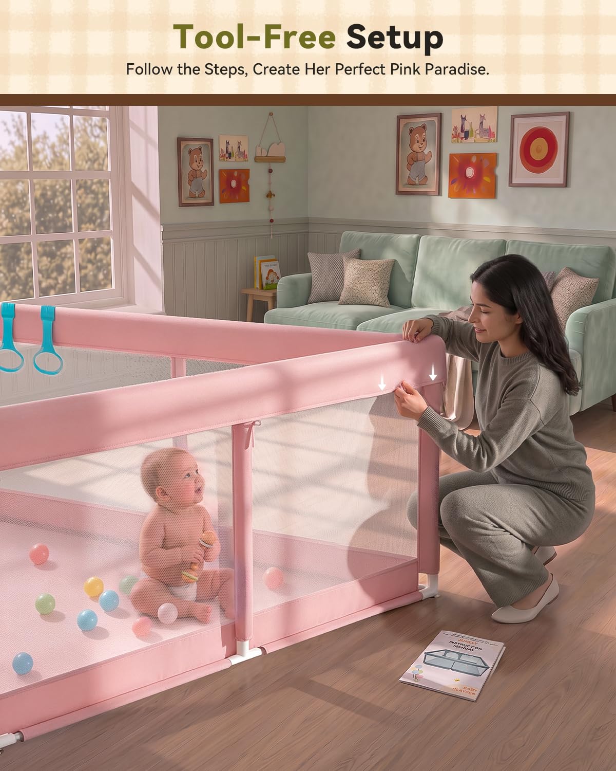 JUNLLY Pink Baby Playpen 71"x59" - Extra Large Play Pen for Babies Toddlers