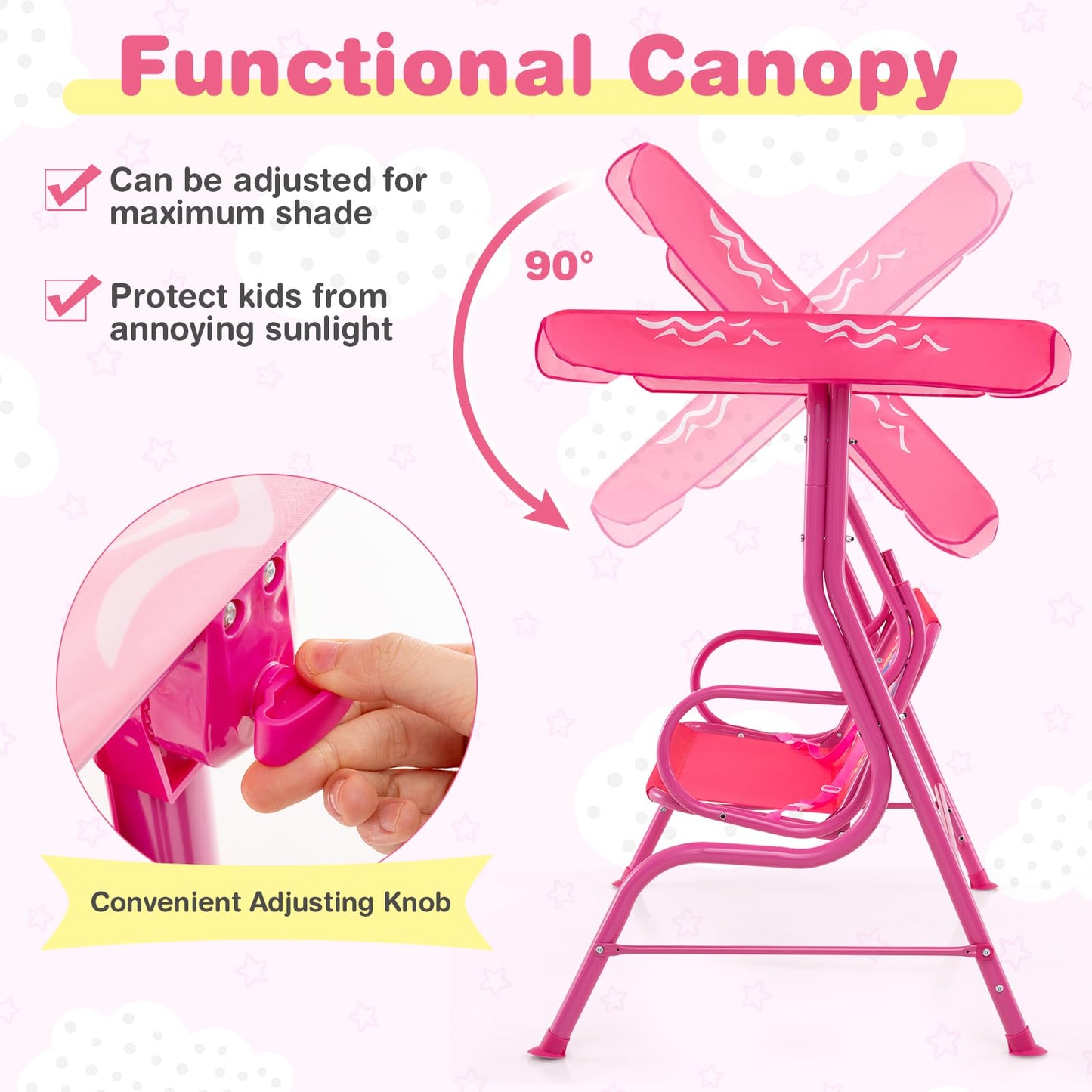 Costzon Kids Porch Swing, All-Weather Patio Swing Bench Hammock w/Adjustable Canopy & Safety Belts for 2 Children, Outdoor Swing for Backyard Garden Balcony Poolside (Pink, Mermaid)