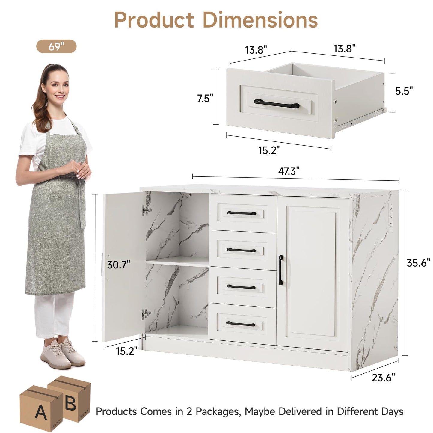 ONBRILL 47.3" Kitchen Island with 2 Storage Cabinets & 4 Drawers, Modern Imitation Marble Dining Table with Power Outlet, Island Bar Table for Kitchen, Dining Room, Living Room, White