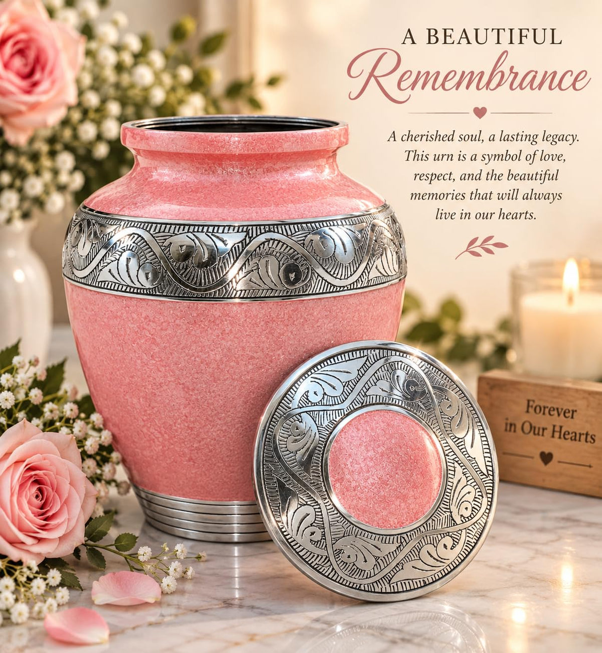 Bold & Divine Cremation Urn for Human Ashes, Adult Memorial Urn for Women & Men, Pink Urn with Silver Engraved Design, Decorative Funeral Urn for Ashes, 9.5 x 7 Inches