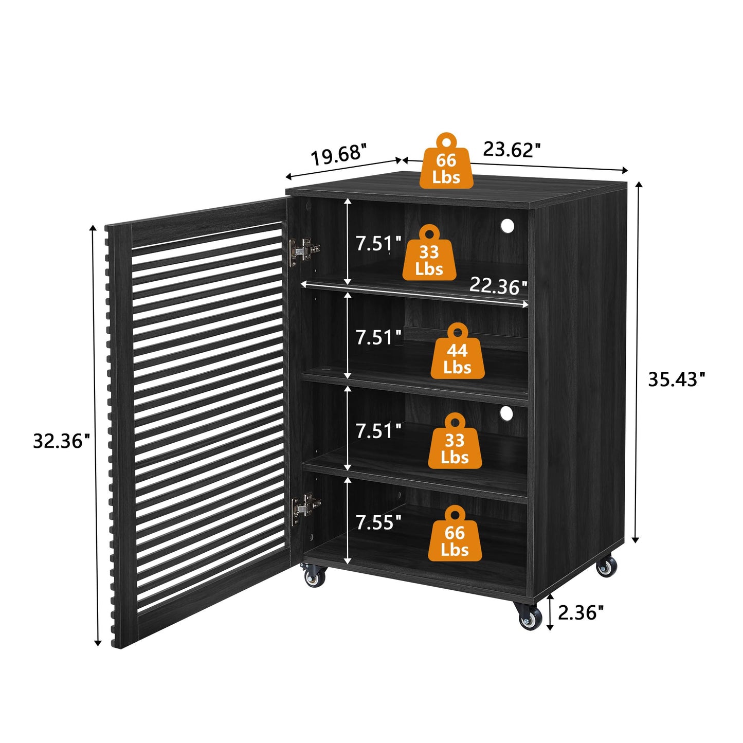 LEVNARY 5-Tier AV Media Cabinet with Grille Door, Modern Wooden Stereo Rack with Adjustable Shelves & Wheels, Audio Video Cabinet for Living Gaming Room Recording Studio (Black)