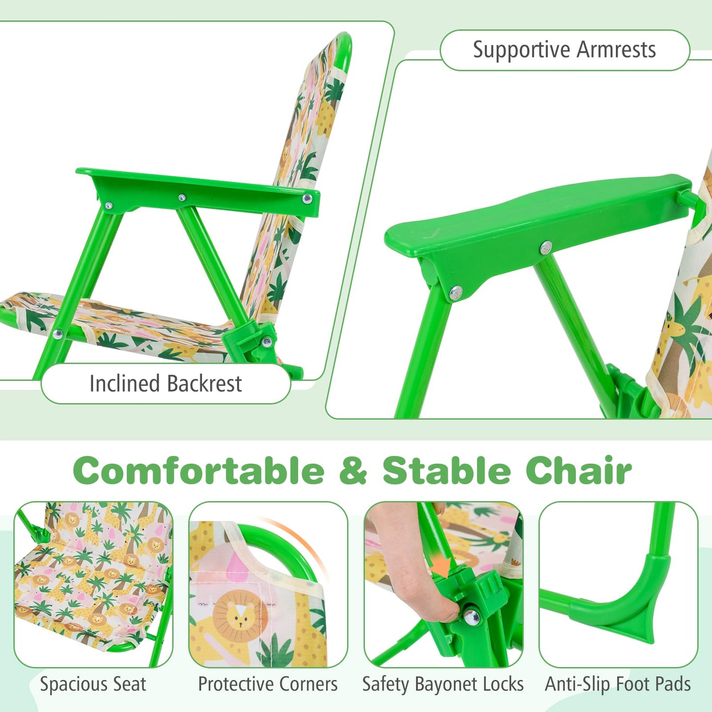 Costzon Kids Picnic Table, Kids Outdoor Table with 2 Folding Chairs, Height Adjustable Umbrella, Portable Children Outdoor Furniture for Patio, Garden, Backyard (Green Forest)