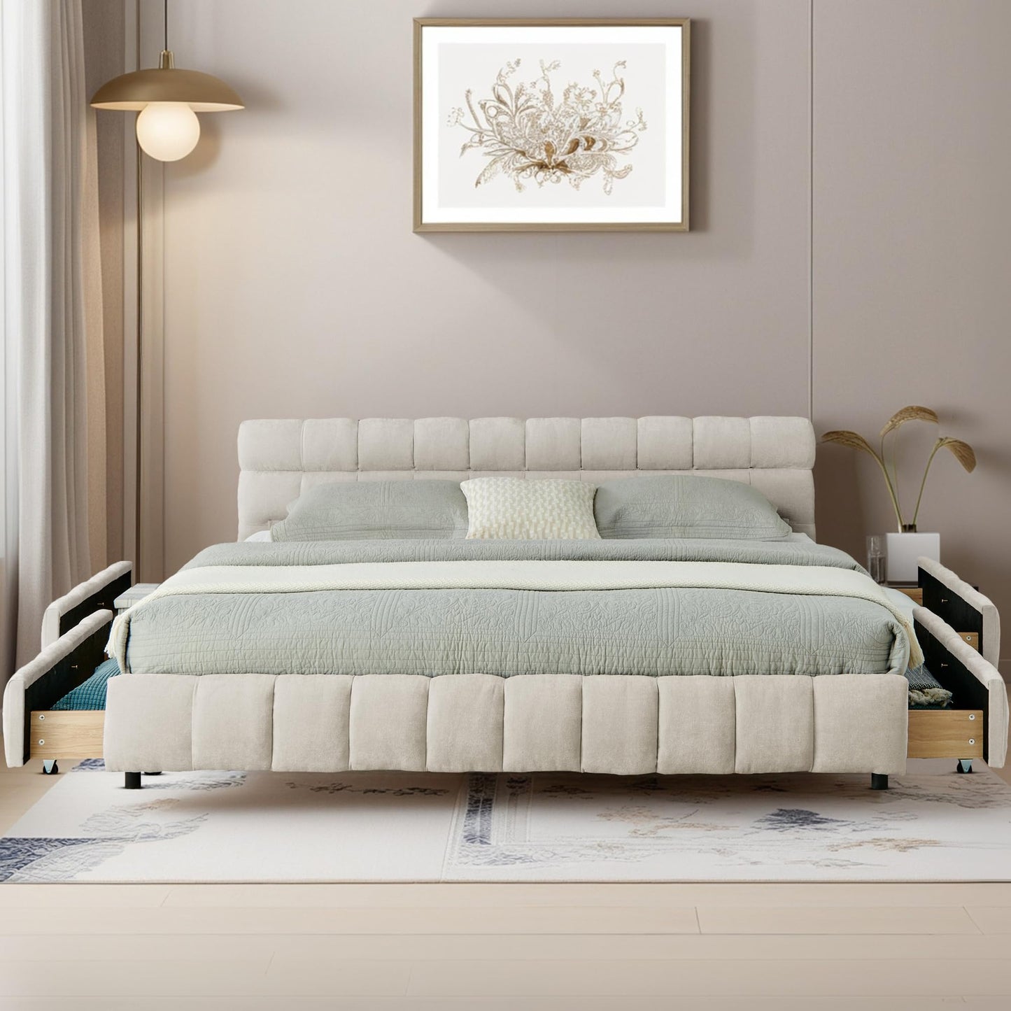DNYN California King Size Grounded Bed with 4 Storage Drawers and Solid Wood Frame for Bedroom, Low-Profile Upholstered Chenille Bed with Headboard, Space-Saving & No Box Spring Needed