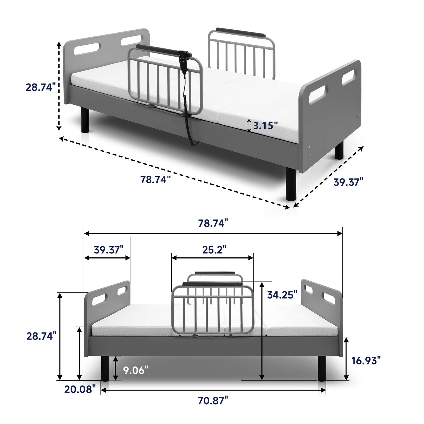 Skipity Sigmo Electric Adjustable Bed Base Frame Twin with Wired Remote Control for Head, Leg & Foot Incline, Hospital Bed for Home Use with Memory Foam Folding Mattress & Safety Side Rails