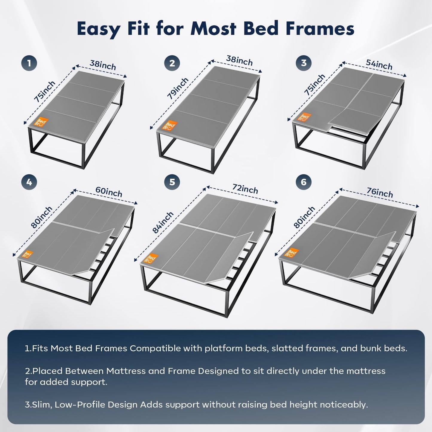 BedBro Bunkie Board Full 10mm (54" x 75") – Gray Under Mattress Support, Anti-Sag & Noise-Free, Breathable Low Profile Bed Board for Metal Frame, Slatted Beds& Platform
