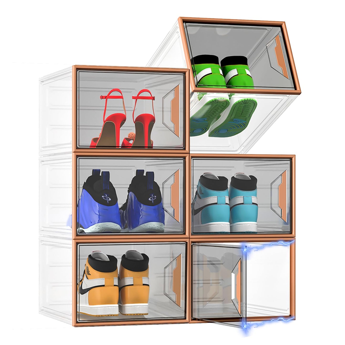 6 Pack Shoe Box Organizer, Clear Thicken Stackable Plastic Shoe Boxes with Magnetic Door, Sturdy Shoe Storage Containers for Sneakers Boots, Easy to Assemble, Fit up to US Size 12(13.2"×10.6"×7.5")