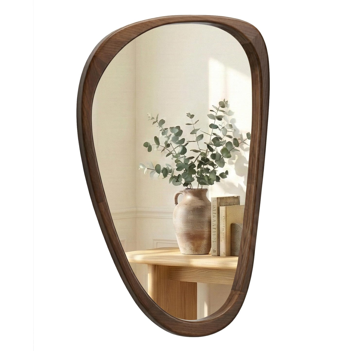 Pocetry Solid Wood 30"x20" Irregular Asymmetrical Wall Mirror, Japandi Boho Mid-Century Modern Decorative Accent Mirror, Small Organic Shaped Wooden Wall-Mounted Mirror, Dark Walnut