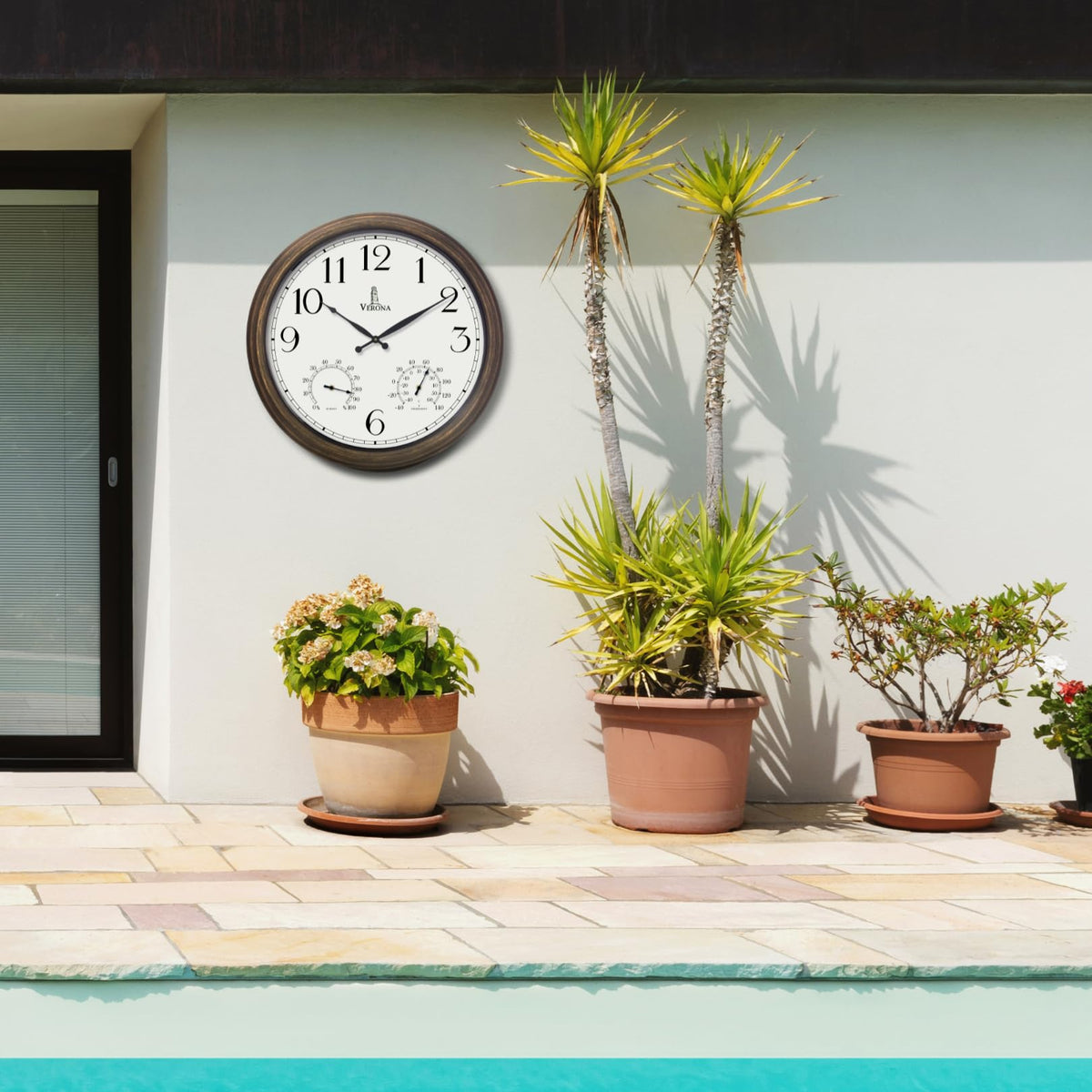 Large Outdoor Patio Clock - Waterproof Thermometer Combo, 24 Inch, Bronze