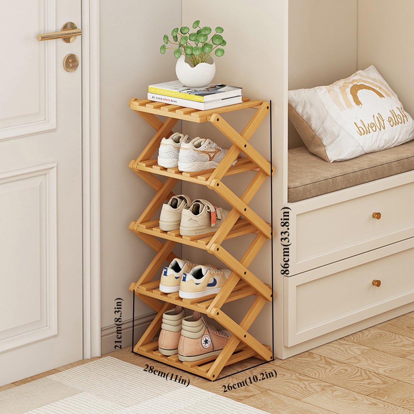 XZXWZX 5 Tier Foldable Shoe Rack, Bamboo Vertical Shoe Organizer Tall for Multifunctional Narrow Shoe Shelf for Entryway, Closet, Corner, Bedroom, Hallway(Natural)