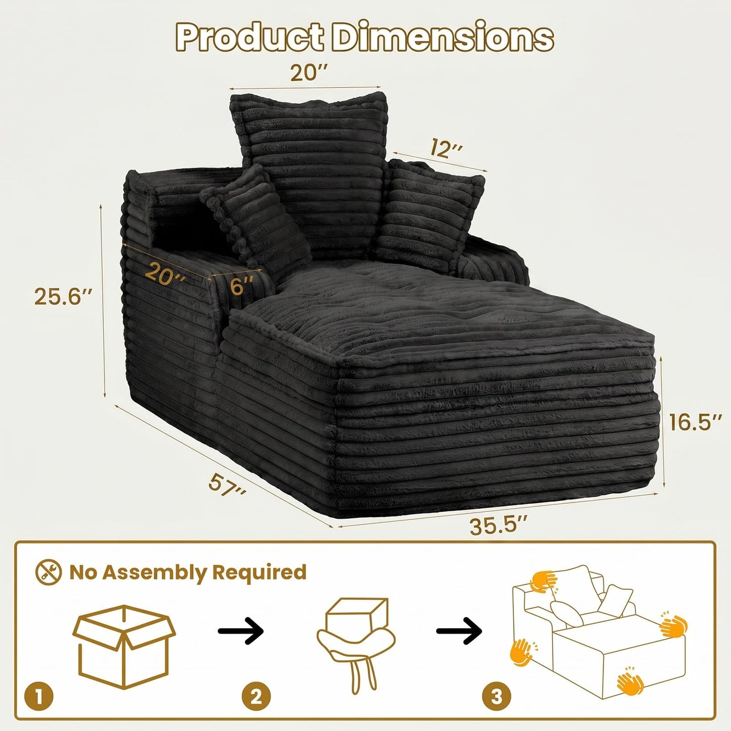 Ziydily 57 Inch Boneless Couch Lounge Chaise, Corduroy Upholstered Boneless Sofa Bed, Deep Seat Sleeper Couch Reading Chairs, Cozy Cloud Sofa Couches for Small Spaces, No Assembly Required, Black