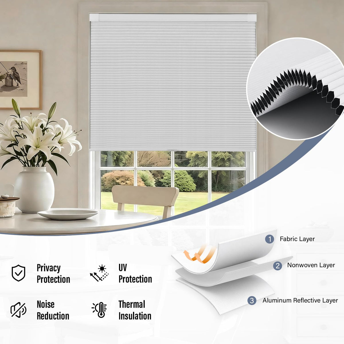 AOSKY No Drill Cordless Blackout Cellular Shades, 34" W x 48" H, White