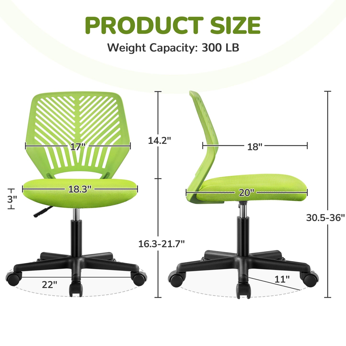 Yaheetech Kids Cute Desk Chair Armless Small Computer Chair with Lumbar Support for Teens Low-Back Bedroom School, Green