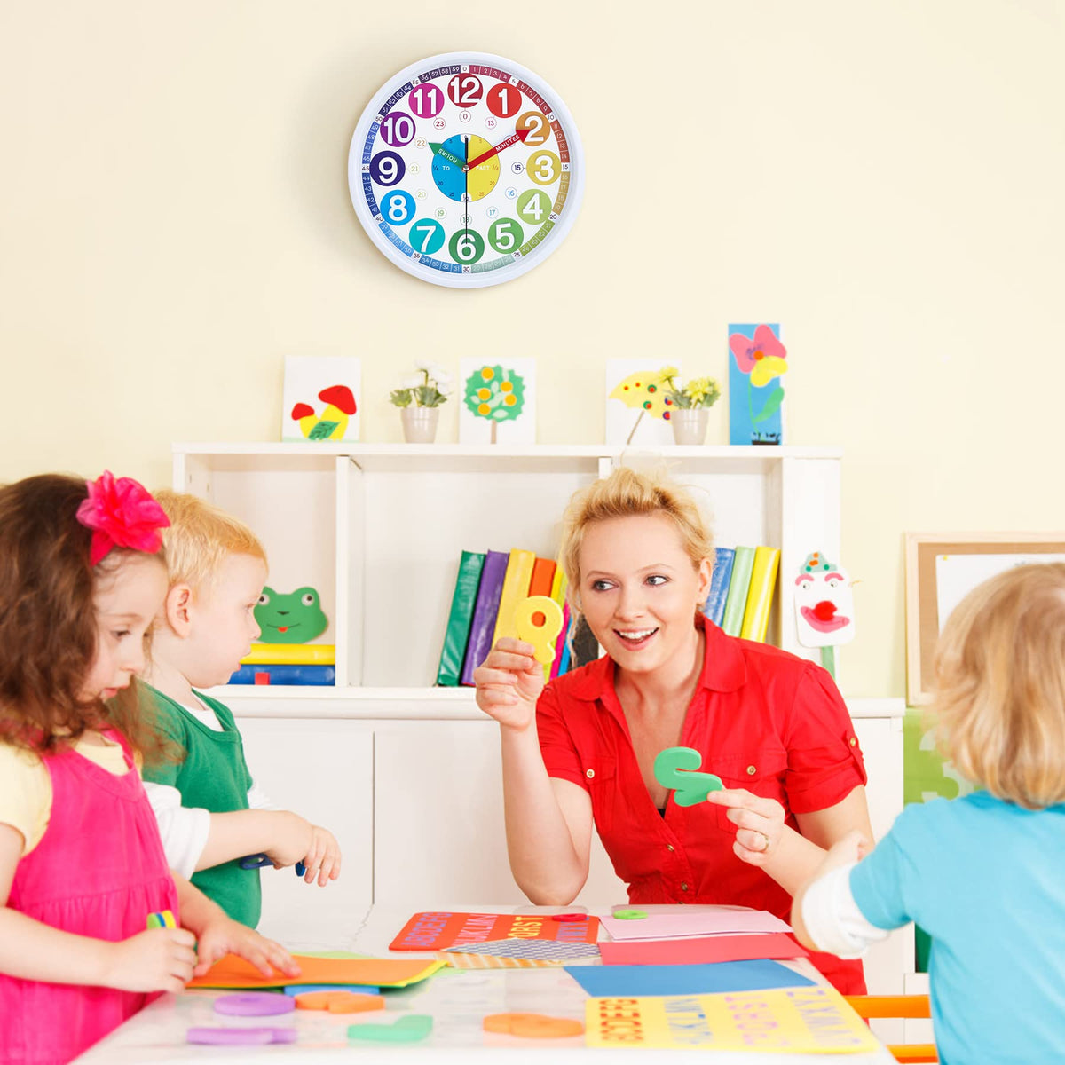 Lafocuse 12 Inch Analog Rainbow Learning Wall Clock Kids Battery Operated