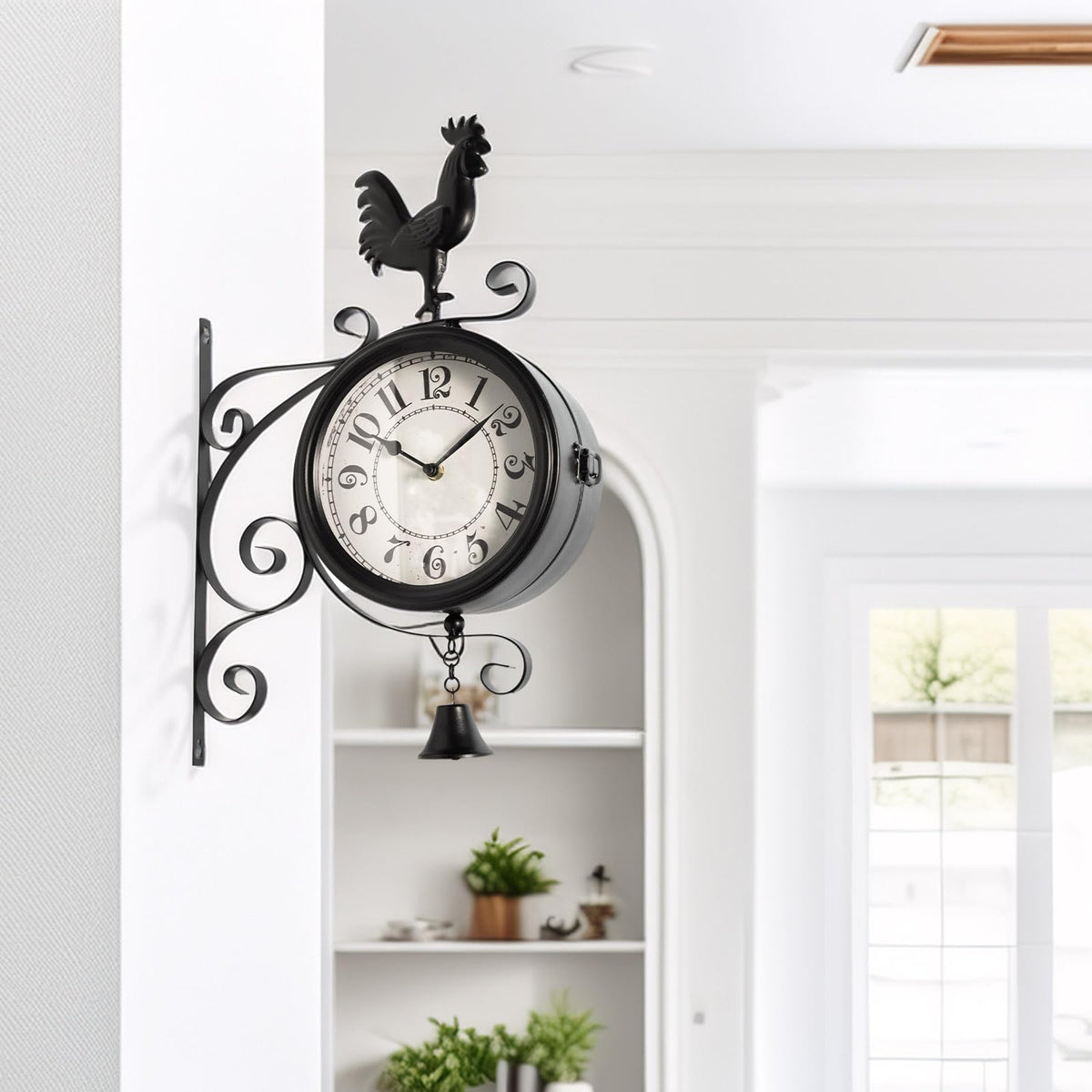MACVAD Double-Sided Outdoor Wall Clock with Interchangeable Rooster, Bird & Bear Topper, 360° Rotating Iron Hanging Clock, Silent Non-Ticking Quartz Movement, Rustic Farmhouse Porch Garden Decor