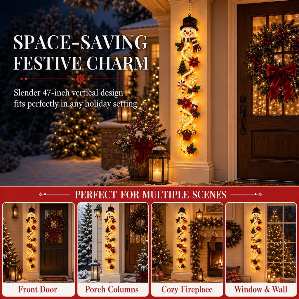 Illuminated Snowman Christmas Door Hanger, Warm Led Lighted 3D Dimensional Holiday Hanging Decor, for Front Door, Porch Column, Wall, Window & Covered Outdoor Entryway，A