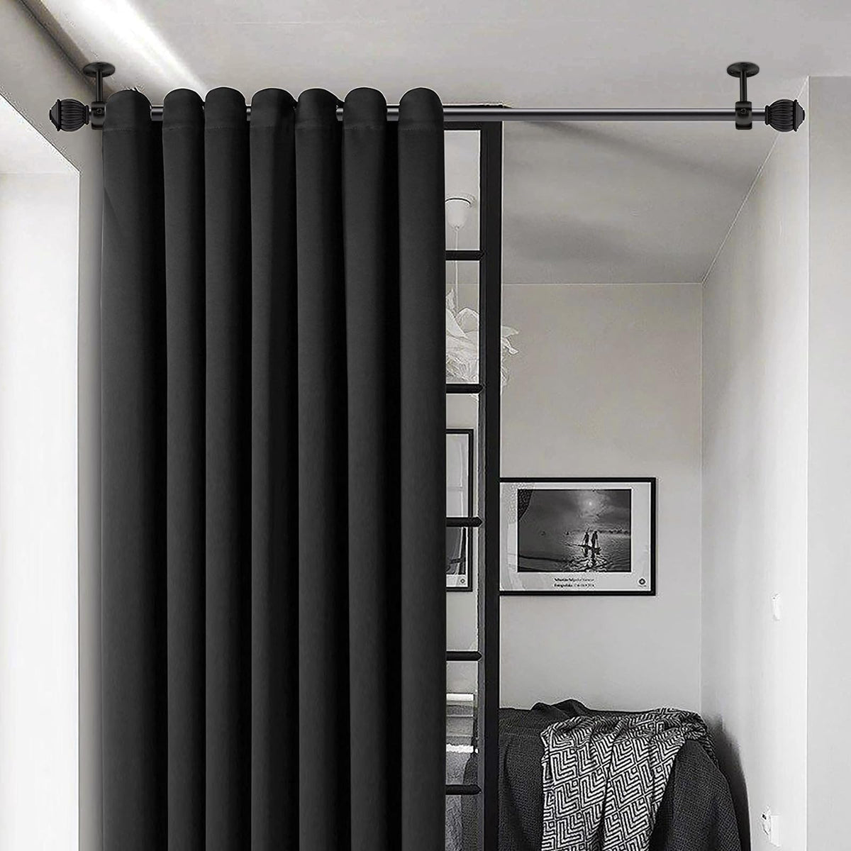 TOKPLNU Curtain Rod Brackets, Ceiling Heavy Duty Holders, Black 4 Pack Hooks Hangers for 1 1/4-Inch Drape Poles