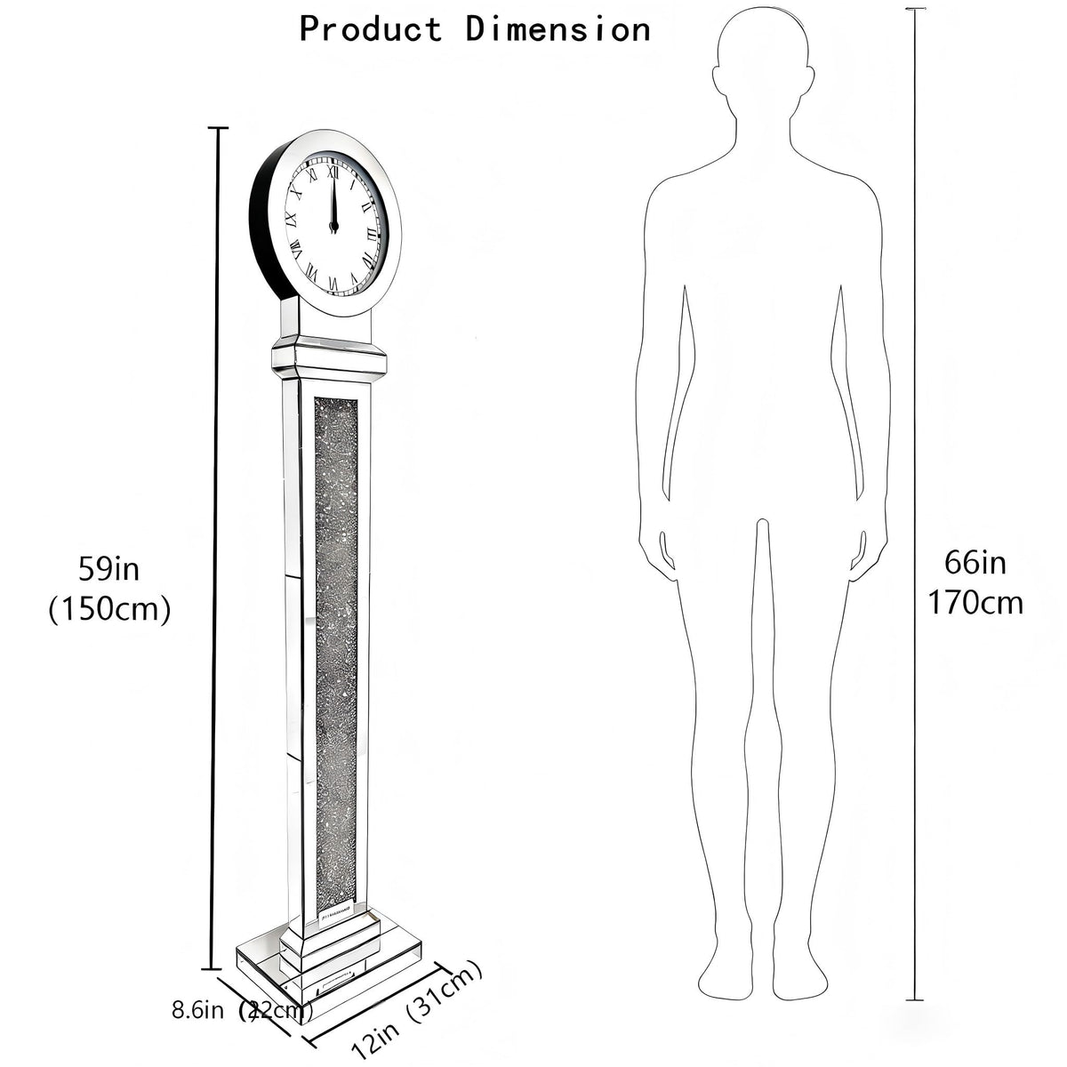 blingworld Mirrored Floor Clock, 59" Tall Standing Clock with Crystal Inlay