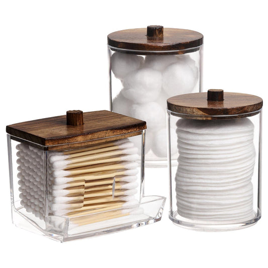 Tbestmax Qtips Holder Bathroom Container, 10 OZ Cotton Ball/Swabs Dispenser, Apothecary Jar Organizer for Storage Brown Wood Lids