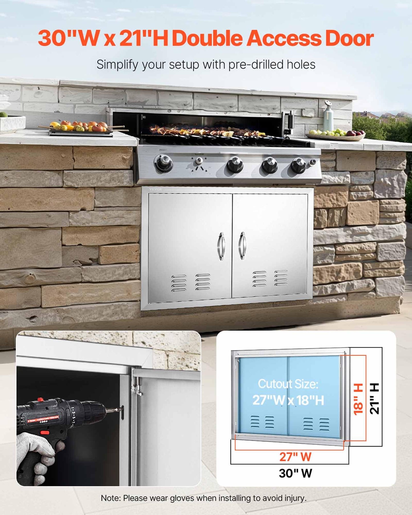 VEVOR Outdoor Kitchen Doors, 30W x 21H Inch, 304 Stainless Steel Double Doors with Vents, BBQ Access Door with 2 Detachable Handles and 6 Hooks, for BBQ Island
