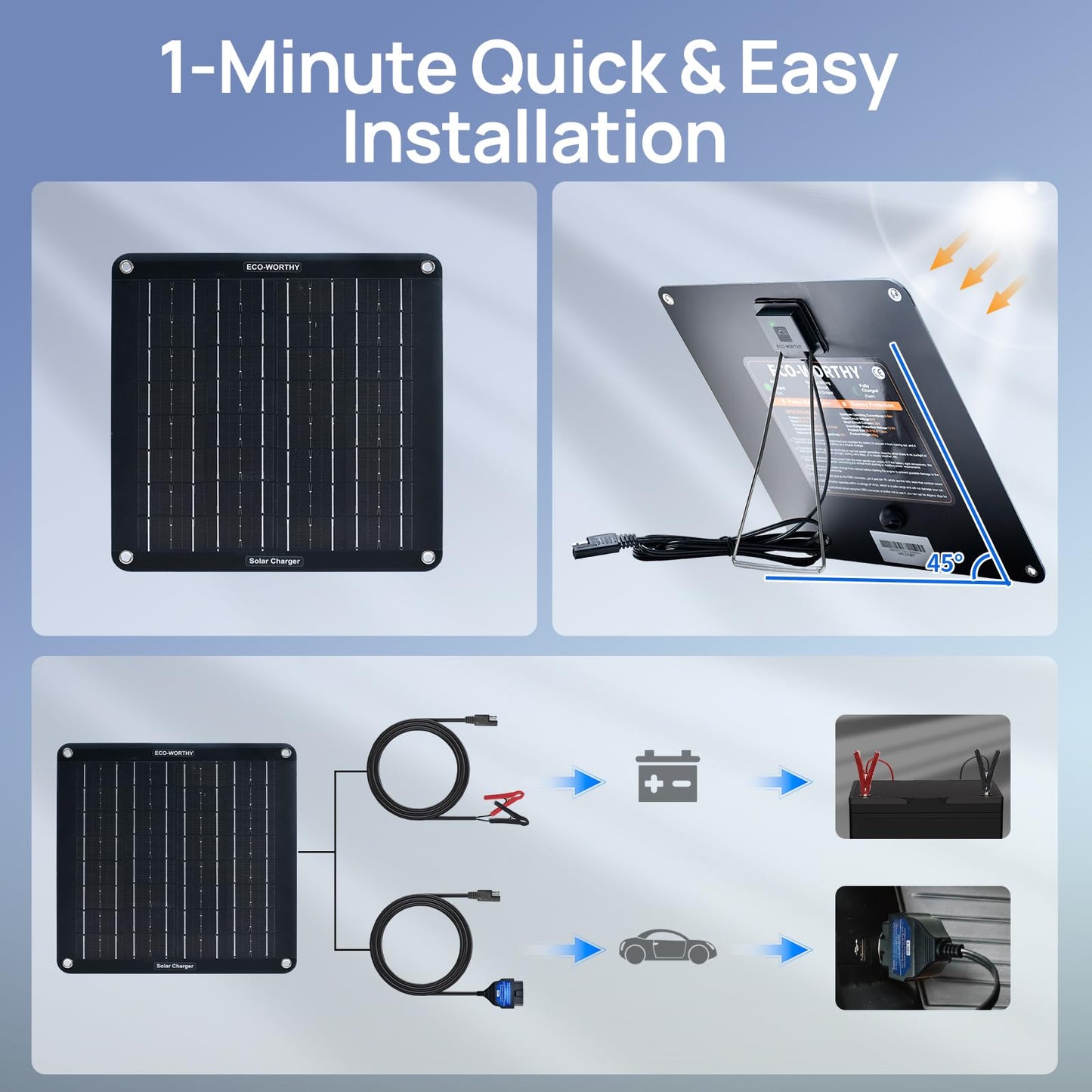 ECO-WORTHY Upgraded OBDII 10W Solar Battery Trickle Charger Maintainer-12V Waterproof Solar Panel Trickle Charger Kit with Portable Stand for Car Truck Boat Mower RV Trailer ATV Marine Battery
