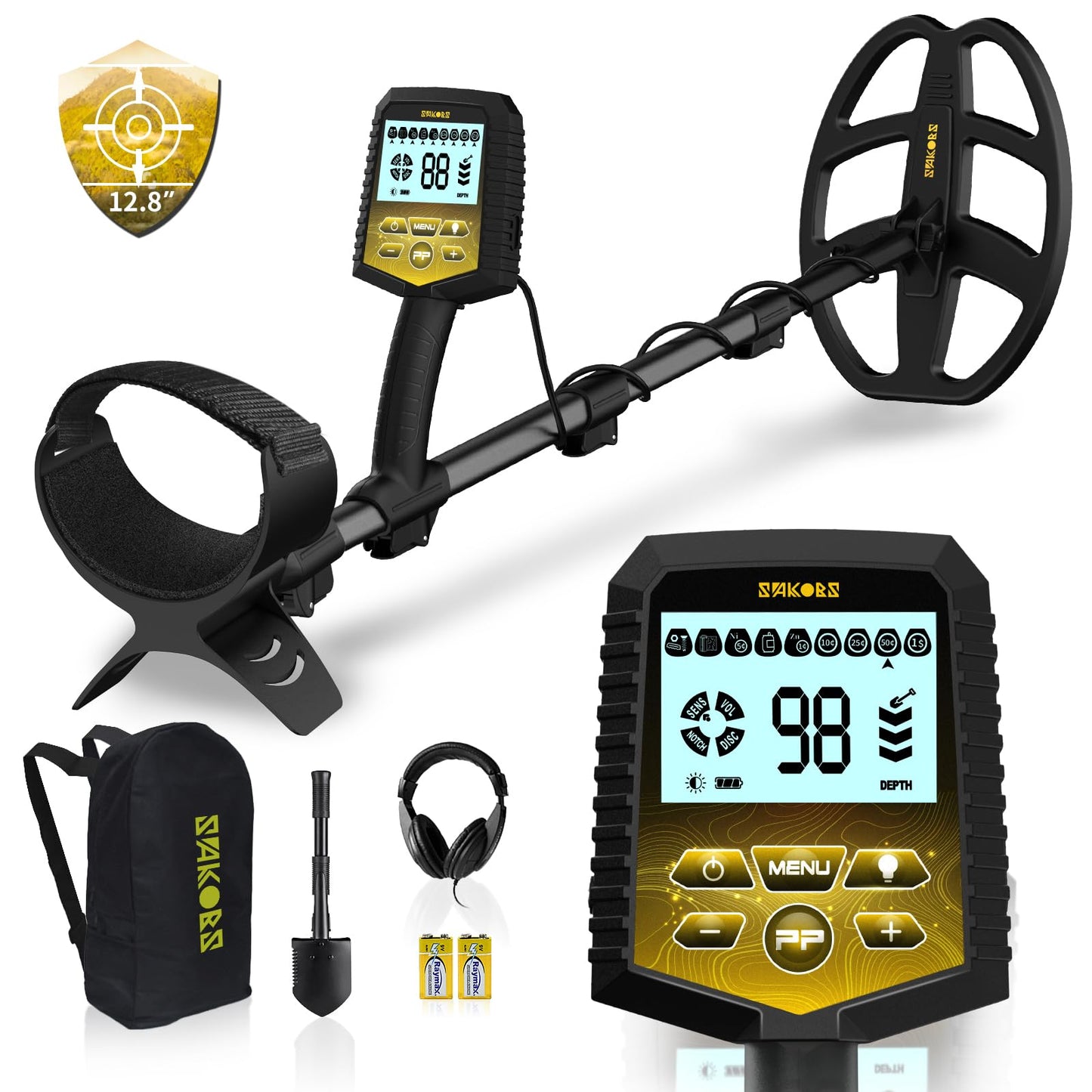 SAKOBS Metal Detector for Adults, Professional Foldable Waterproof Metal Detector with 11" IP68 DD Coil, Backlit LCD Target ID, 12.8" Deep Search Gold Detector, Lightweight Beach Metal Detector