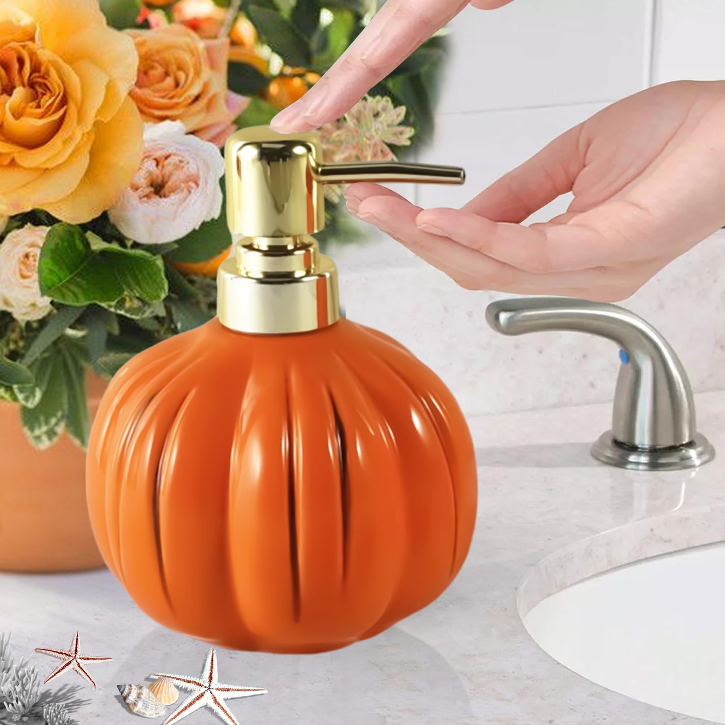 Halloween Pumpkin Bathroom Accessories Set, Orange Bathroom Fall Decor, 3PC Ceramic Bathroom Sets Complete, Toothbrush Holders, Soap Dispenser, Soap Dish, Bathroom Organizer for Countertop
