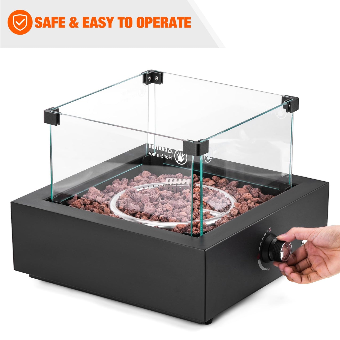 ONLYFIRE OUTDOOR LIVING 15.7" Portable Propane Gas Fire Pit Side-Mounted, Modern Tabletop Fireplace Smokeless Firepit with Glass Wind Guard for Patio Camping RV Tailgating, 23000BTU, Squre FP040