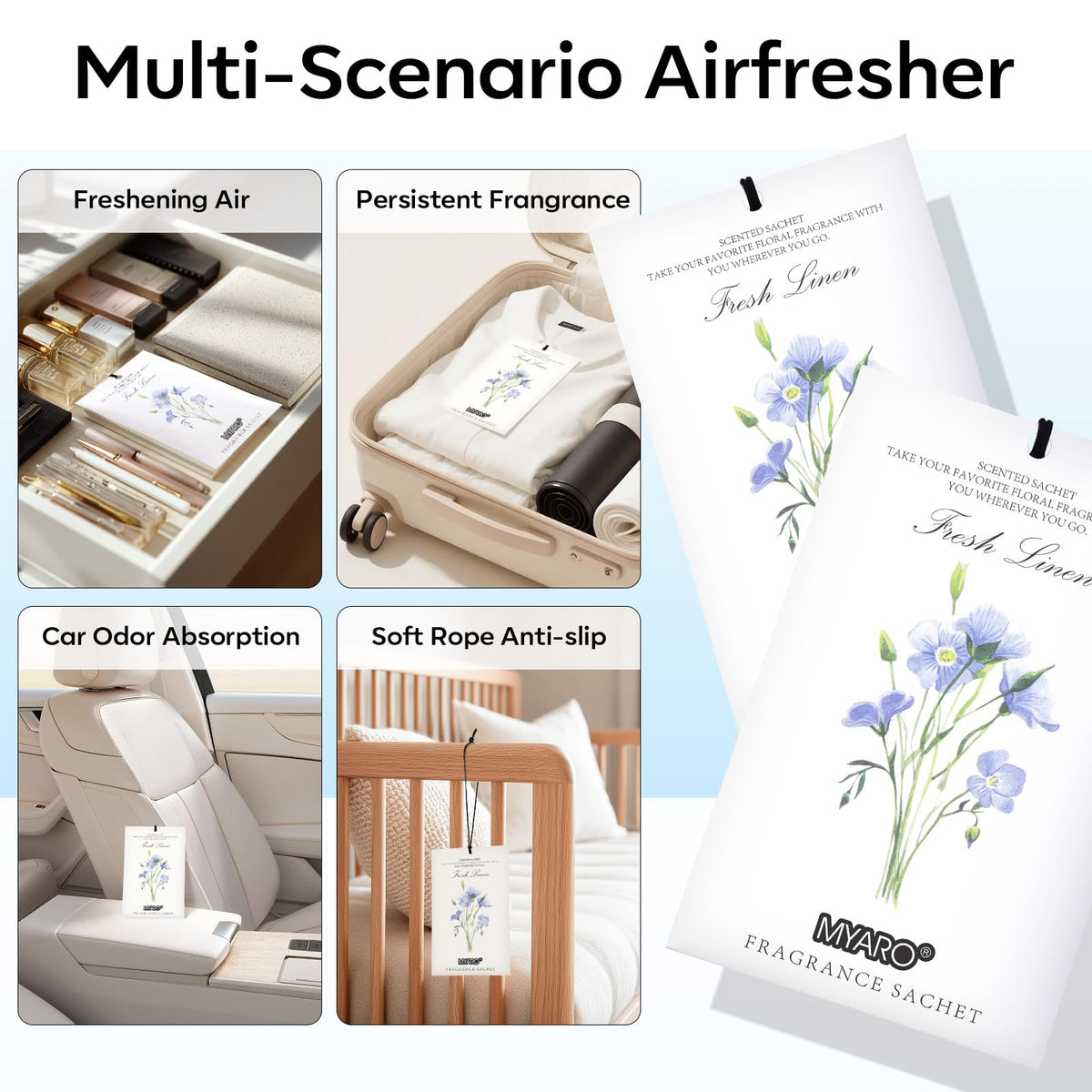 MYARO 12 Pack Fresh Linen Scented Sachets, Closet Deodorizer Car Freshener