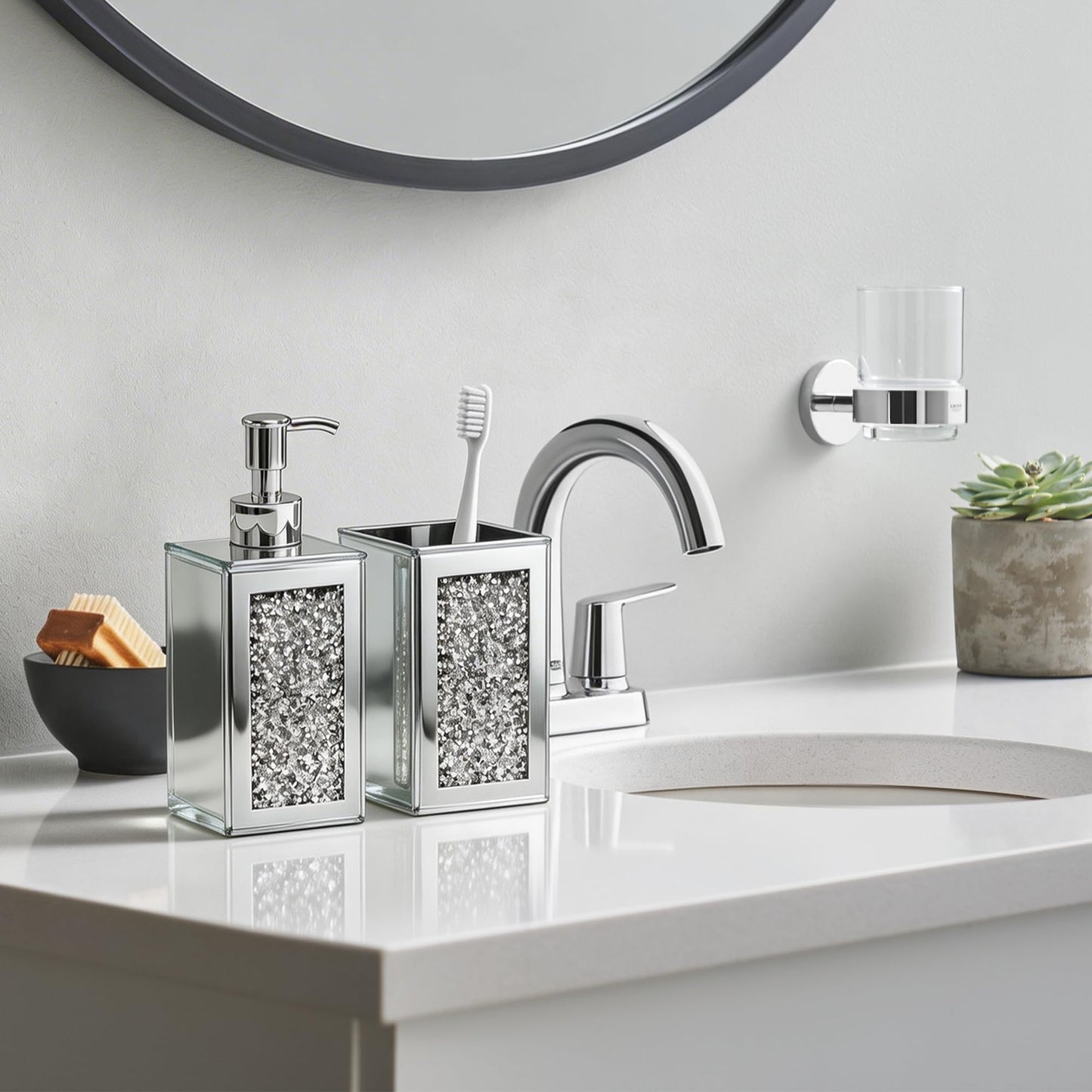 2Pcs Silver Bathroom Set, Mirror Finish & Diamond Accent Soap Holder,Modern