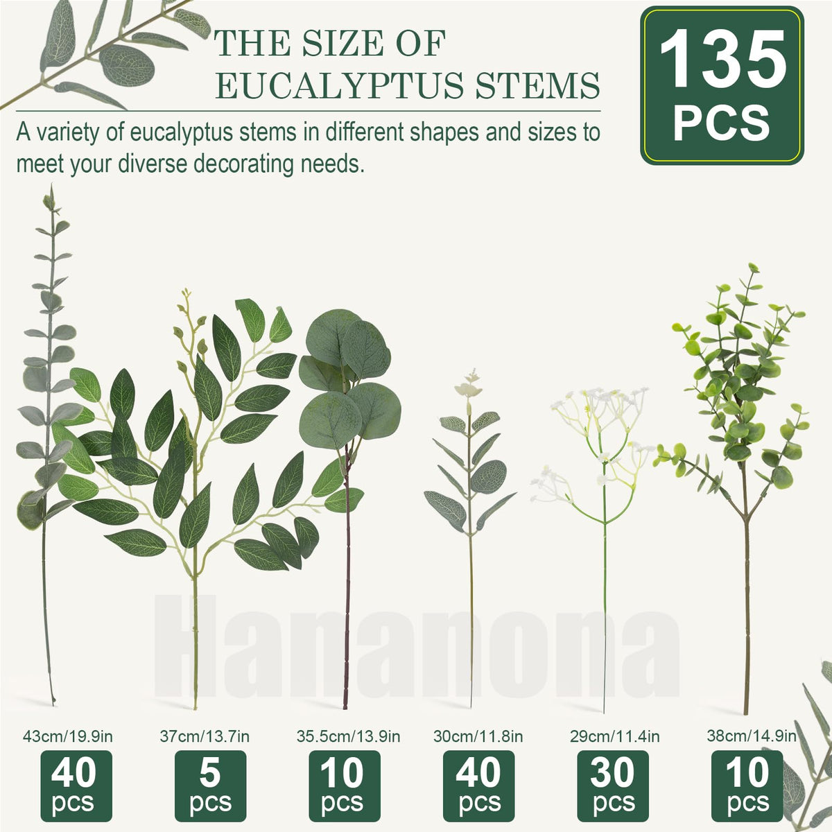 Hananona 135 Pcs Mixed Eucalyptus Leaves Stems Artificial Greenery Bulk