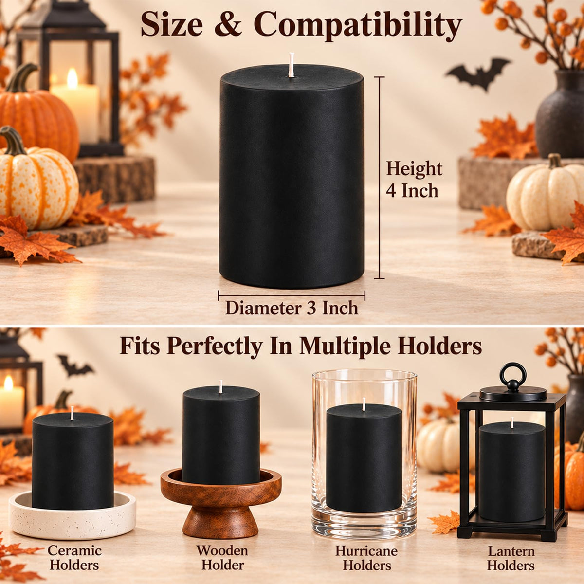 Black Soy Pillar Candles for Halloween, 3x4 Inch Unscented Candles, 3 Pack