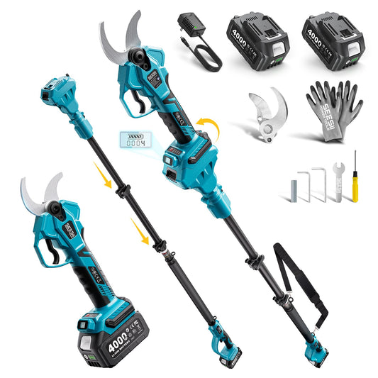 SEESII 2-in-1 Pole Pruning Shears: 1.6" Cutting Diameter Cordless Electric Pole Pruners - Brushless Motor, Dual 4.0Ah Batteries, Extra SK5 Blade, 4 Modes Adjustable Branches Cutter for Tree & Flower