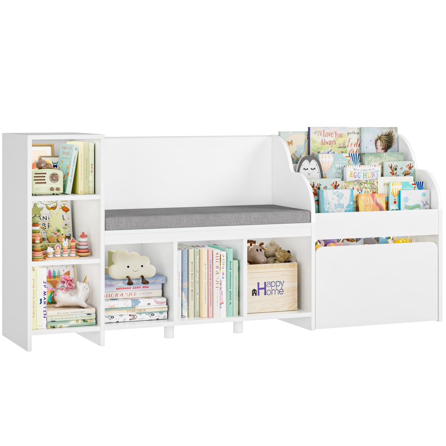 HOSTACK 67" W Kids Reading Nook with Toy Storage Organizer, Large Kids Bookshelf with Toy Storage Box on Wheels, Big Kid Bookcase with Bench and 6 Open Cubbies for Playroom, Kid Room, White