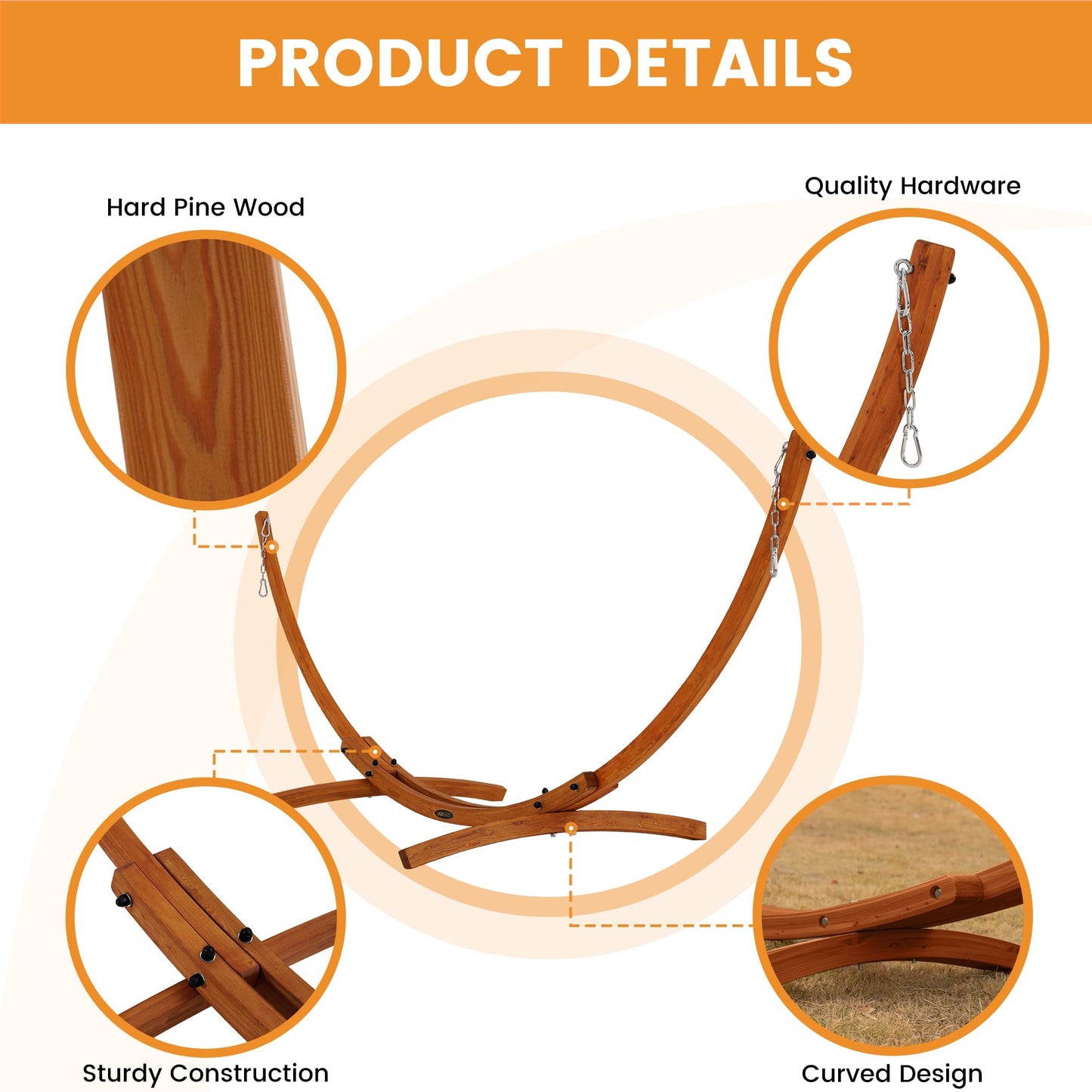 Lazy Daze Hammocks 10.5 FT Outdoor Arc Wood Hammock Stand, 2 Person Hard Pine Wood Hammock Stand with Carabiners and Chains for Outdoor Patio Garden Poolside, 300lb Capacity, Brown