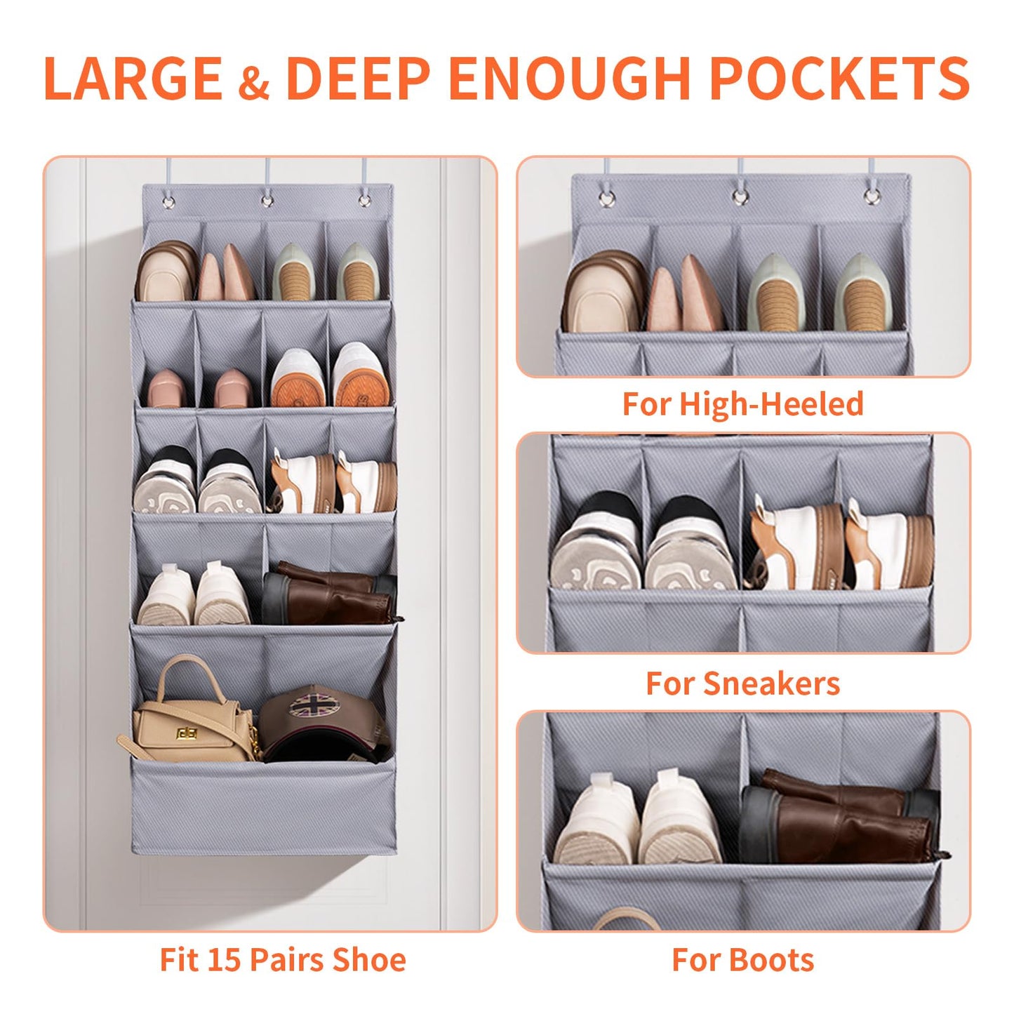 FENTEC 1 Pack Over-the-Door-Shoe-Organizers,Hanging Organizers with Large Pocket Shoe Holder Hanging Shoe Rack for Closet Shoe Organizer for Wall, Over Door Organizer with 15 Pockets Gray